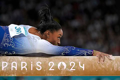 Simone Biles competes during the women's artistic gymnastics individual balance beam finals